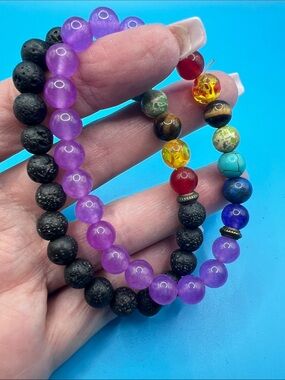 Purple Agate Chakra Stretch Bracelet with Multicolor Accent Beads
